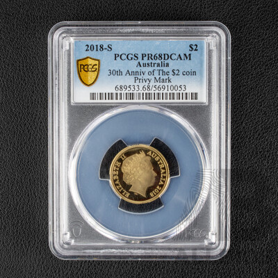 Australian 2018 Proof Two Dollar Coin, S Privy Mark, Thirtieth Anniversary of the Two Dollar Coin, Graded PCGS PR68DCAM
