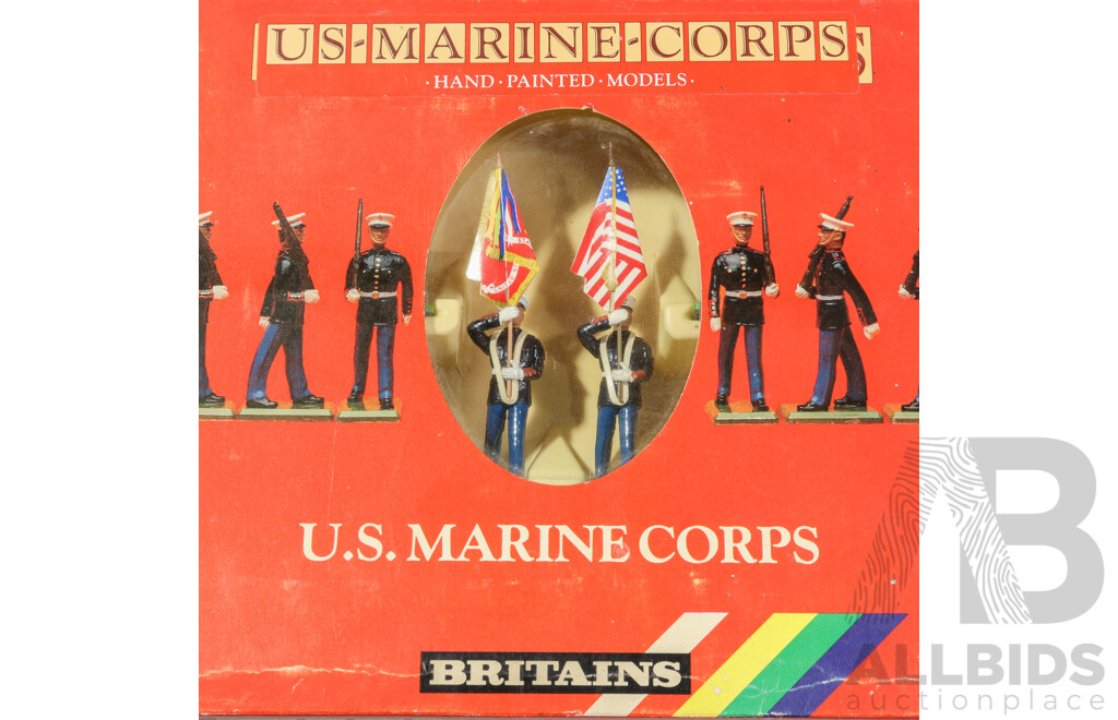 Three Boxed Britains Cast Metal US Military Figure Including US Air Force and Army Colour Parties and US Marine Corps, Made in England - 1:32 Scale