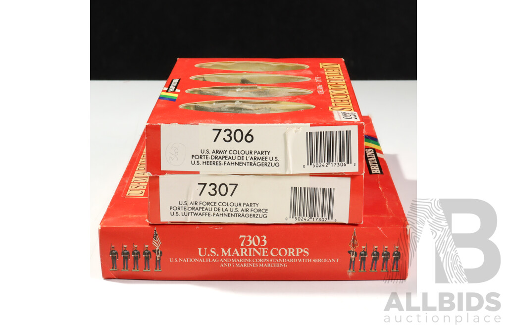 Three Boxed Britains Cast Metal US Military Figure Including US Air Force and Army Colour Parties and US Marine Corps, Made in England - 1:32 Scale