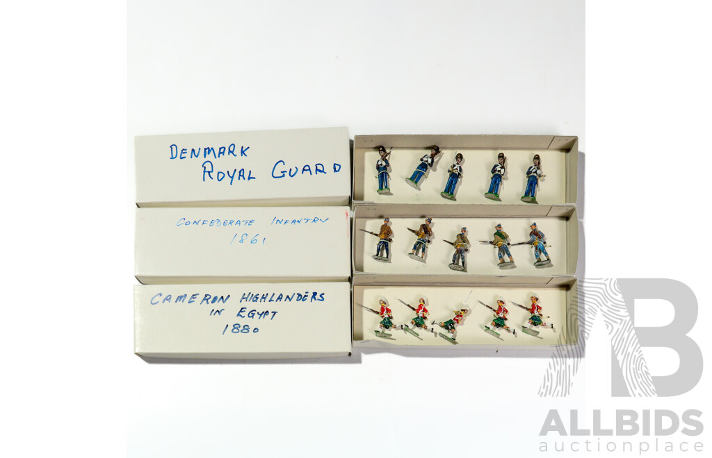 Vintage Cast Lead Military Figures, US 1861 Confederate Infantry, 1880 Cameron Highlanders in Egypt, Denmark Royal Guard