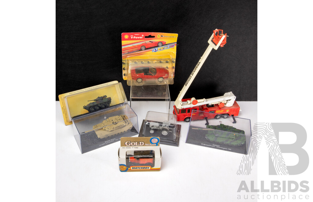 Vintage Matchbox Diecast Super Kings Snorkel Fire Engine, Ford Model T P.M.G Truck, Diecast 1947 Ferguson TE-20, Three Tanks Including USA M1A1HA Abrams, LAV-25 National Guard, UK 1984 Challenger