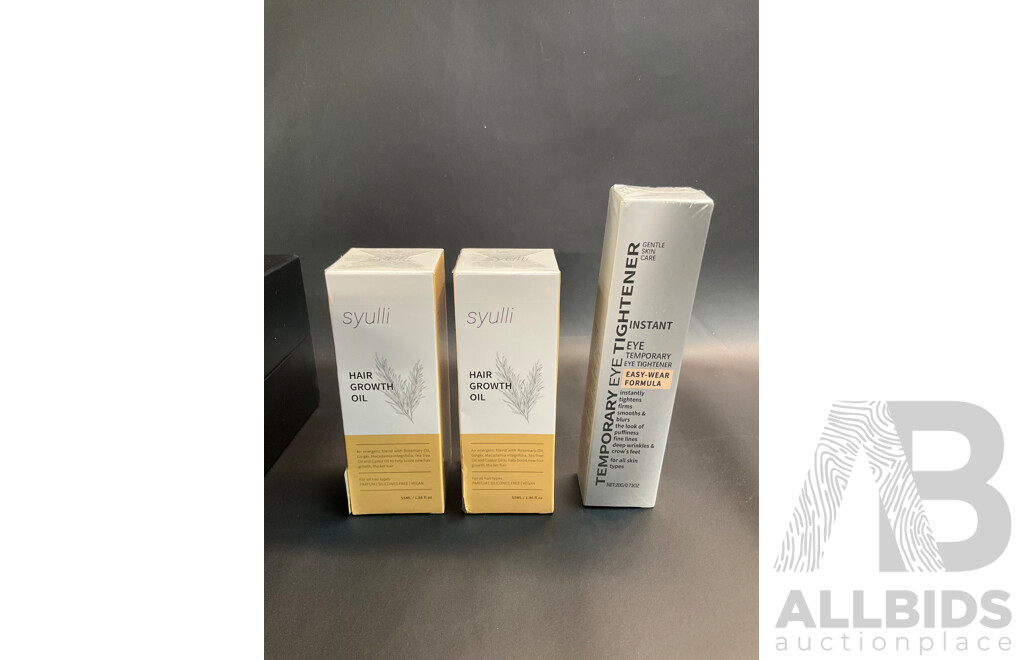 LANA WILKINSON Red Satin Slingback Pumps, MIMCO Crossbody Bag, SYULI Hair Growth Oil, Temporary Eye Tightener and BYS Blush - Lot of 6