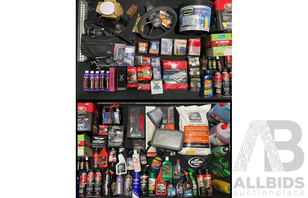 Assorted Car Detailing and Cleaning Produts and Other Automotive Parts