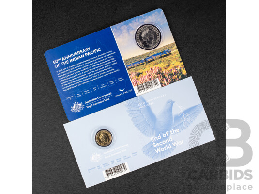 Australian RAM 2020 Coloured Fifty Cent Coin, Indian Pacific and 2020 Coloured Two Dollar Coin, Seventy Fifth Anniversary End of World War Two