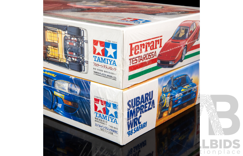 Two Tamiya Scale Models, 1998 Subaru WRC Impreza and 1986 Ferrari Testarossa  - 1:24 Scale