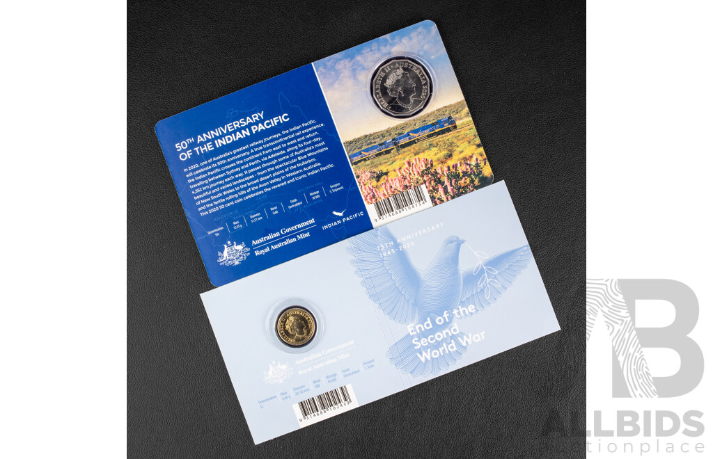 Australian RAM 2020 Coloured Fifty Cent Coin, Indian Pacific and 2020 Coloured Two Dollar Coin, Seventy Fifth Anniversary End of World War Two