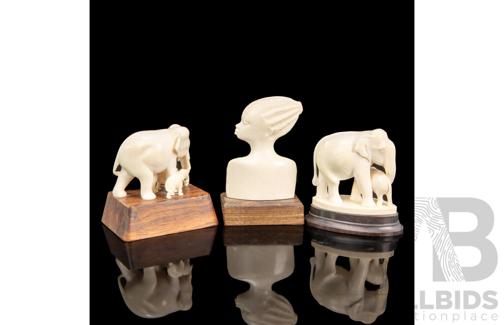 Collection of Three Bone Carvings Including Elephants and Female Figure
