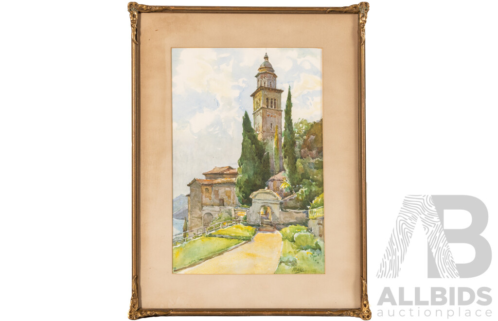 A. Marc (Date Unknown), Morcote, Switzerland, Wonderful Original Vintage Watercolour, 42 x 32 cm (frame)