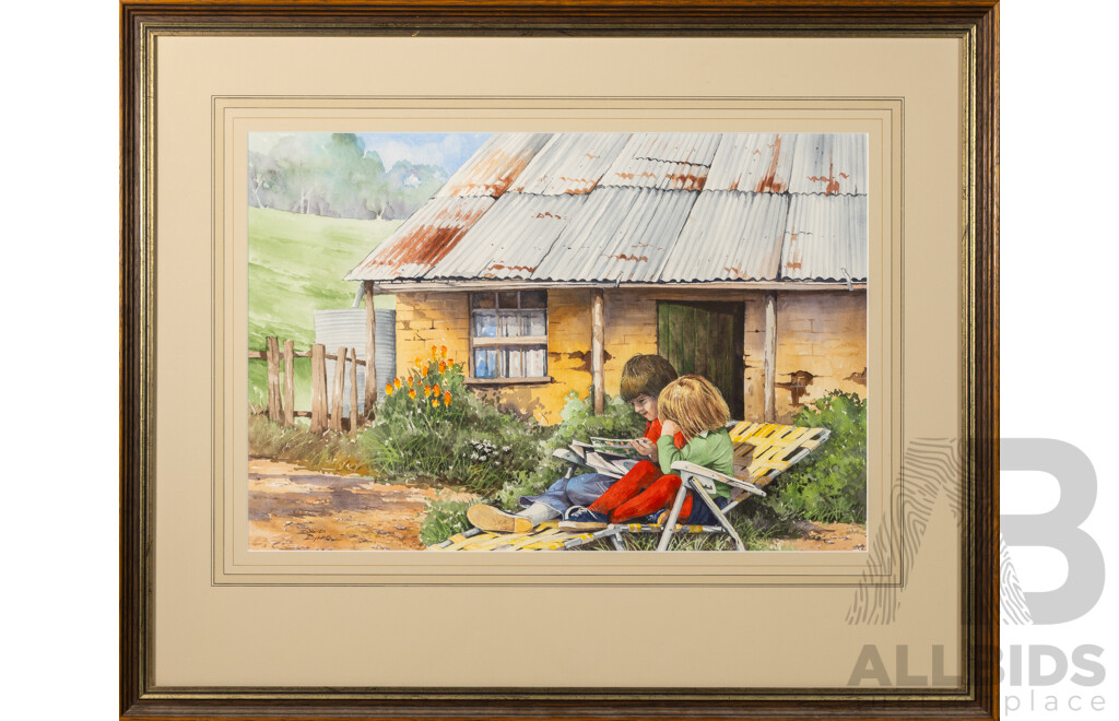 David Byard, (20th Century, Australian, 1943-), Children Reading, Wonderful Original Watercolour, 61 x 75 cm (frame)