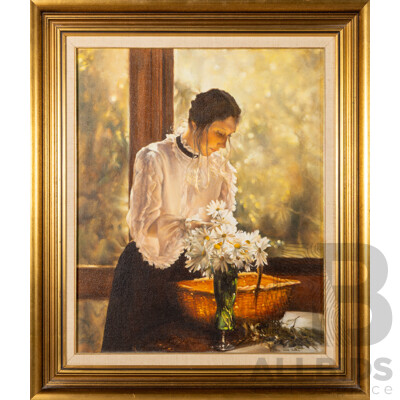 Norma Turner (20th Century, Australian, Arranging the Bouquet, Lovely Original Oil on Canvas Board, 73 x 62 cm (frame)