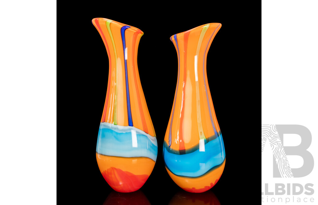 Pair of Large Matched Orange Art Glass Glass Vases
