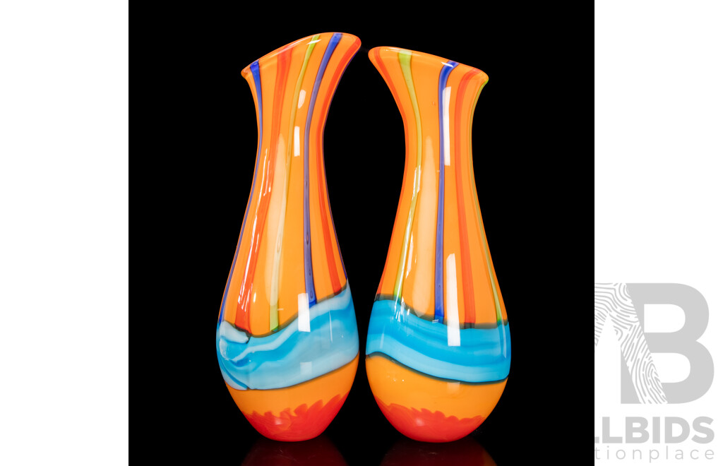 Pair of Large Matched Orange Art Glass Glass Vases