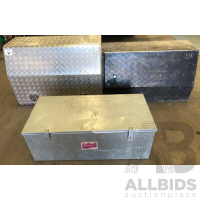 Two Aluminium Checkerplate Ute Toolboxes and Galvanised Metal Toolbox