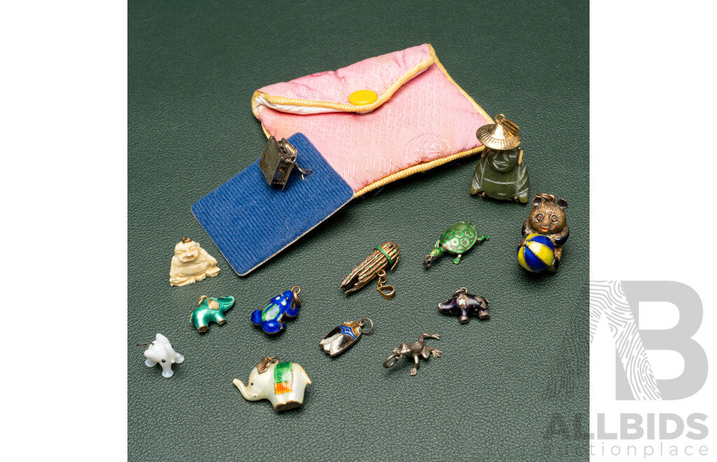 Collection of (13) Travel Trinket Charms, Including Sterling Silver, Enamel & Carved Finishes, Asian Themed