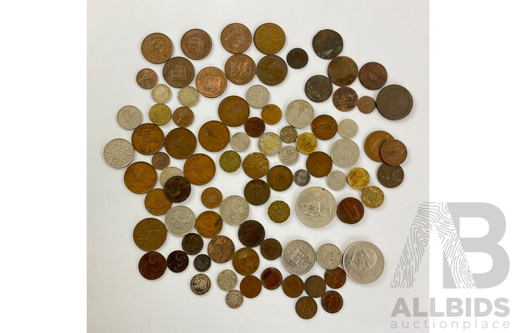 Collection of Vintage Commonwealth Coins Including UK 1977 Five Shillings, Two Shilling, Shillings, Sixpence, Threepence, Worn Pennies, Half Pennies, Ireland, Jersey, New Zealand
