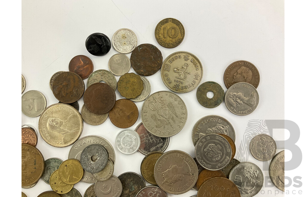 Collection of Antique and Vintage International Coins Including France, Malaysia, Hong Kong, Croatia, Borneo, New Caledonia, Germany, India, New Zealand - Approximately 860 Grams