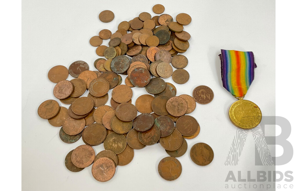 Collection of Australian Half Pennies, Examples Spanning 1914 to 1963, One and Two Cent Coins Spanning 1966 to 1989 with WW1 Medal - Great War for Civilisation 1914-1919