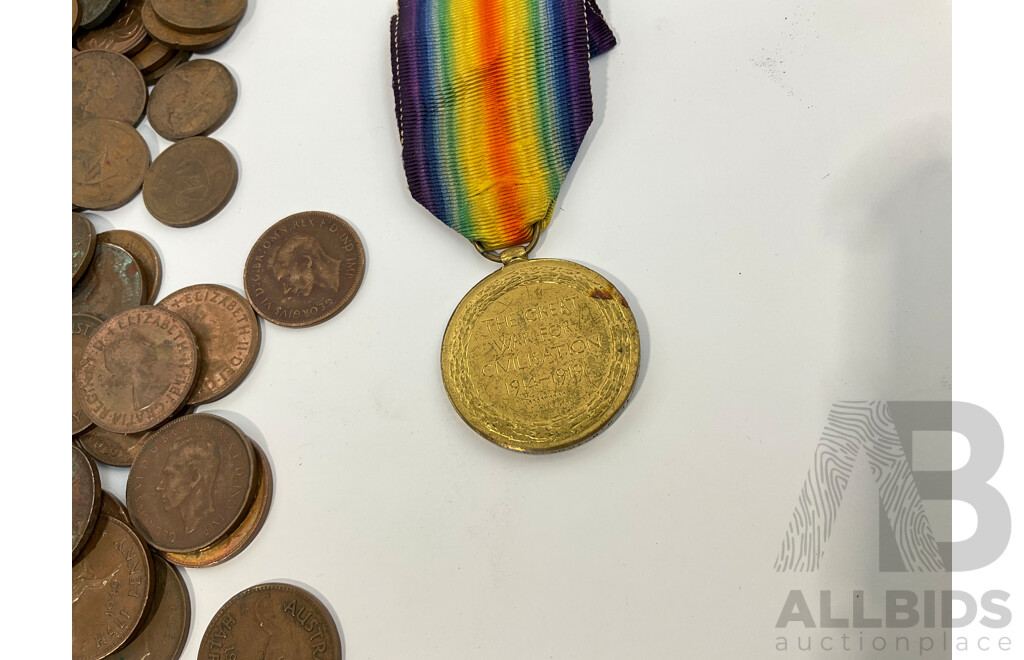 Collection of Australian Half Pennies, Examples Spanning 1914 to 1963, One and Two Cent Coins Spanning 1966 to 1989 with WW1 Medal - Great War for Civilisation 1914-1919
