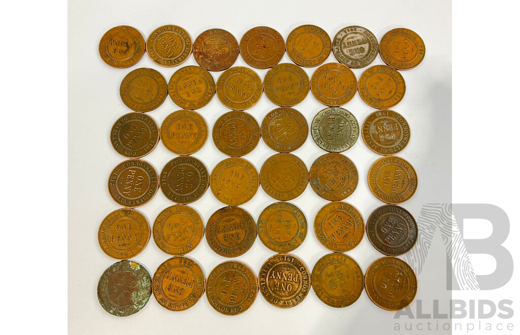 Collection of Australian KGV Pennies, Examples Spanning 1911 to 1935 Including 1915H and Two 1917I