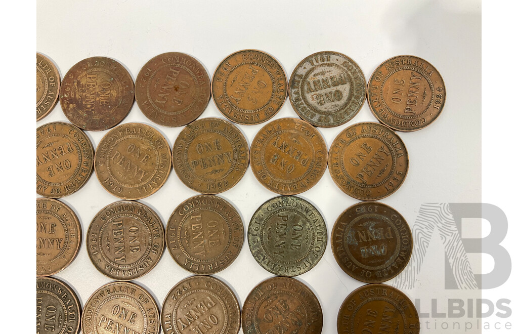Collection of Australian KGV Pennies, Examples Spanning 1911 to 1935 Including 1915H and Two 1917I