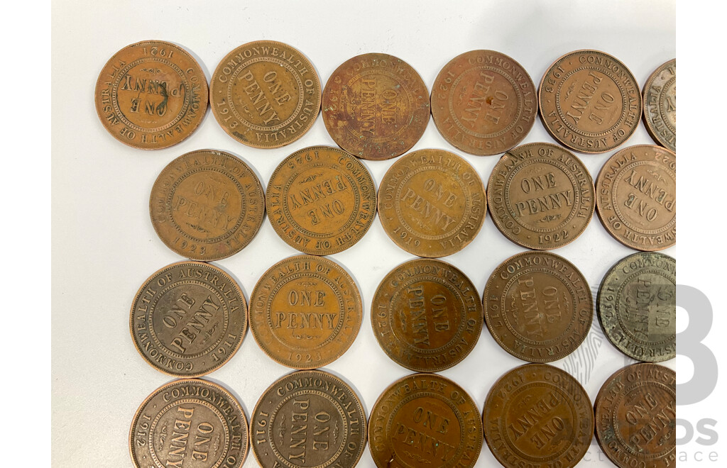 Collection of Australian KGV Pennies, Examples Spanning 1911 to 1935 Including 1915H and Two 1917I