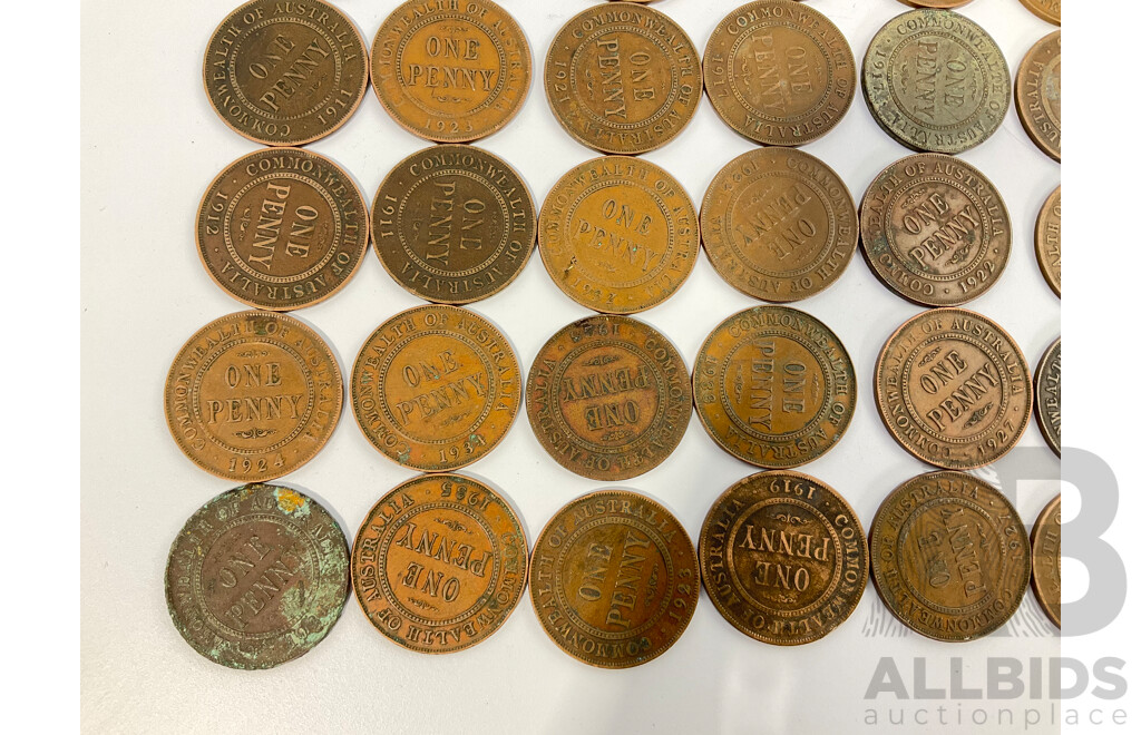 Collection of Australian KGV Pennies, Examples Spanning 1911 to 1935 Including 1915H and Two 1917I