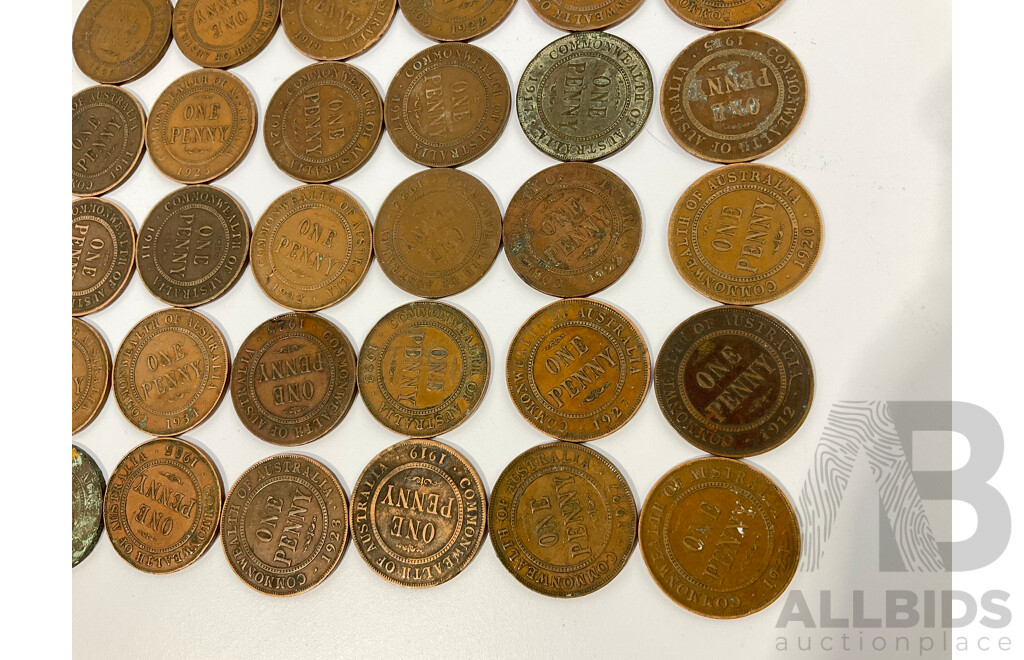 Collection of Australian KGV Pennies, Examples Spanning 1911 to 1935 Including 1915H and Two 1917I