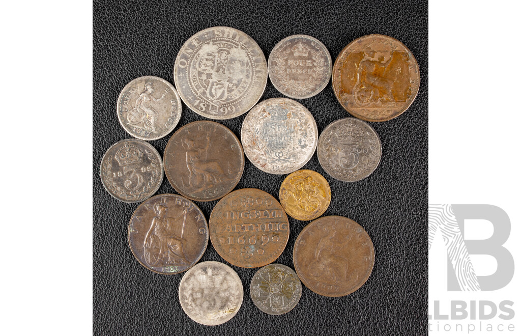 Great Britain 1669 Kings-Lyn Farthing, 1860, 1887, 1903 Farthings, 1840, 1893 Silver Threepence, West Indies 1901 Silver Fourpence, 1899 Silver Shilling, 1838 Silver Sixpence, Two Lauer Nuremberg Toy Coins......