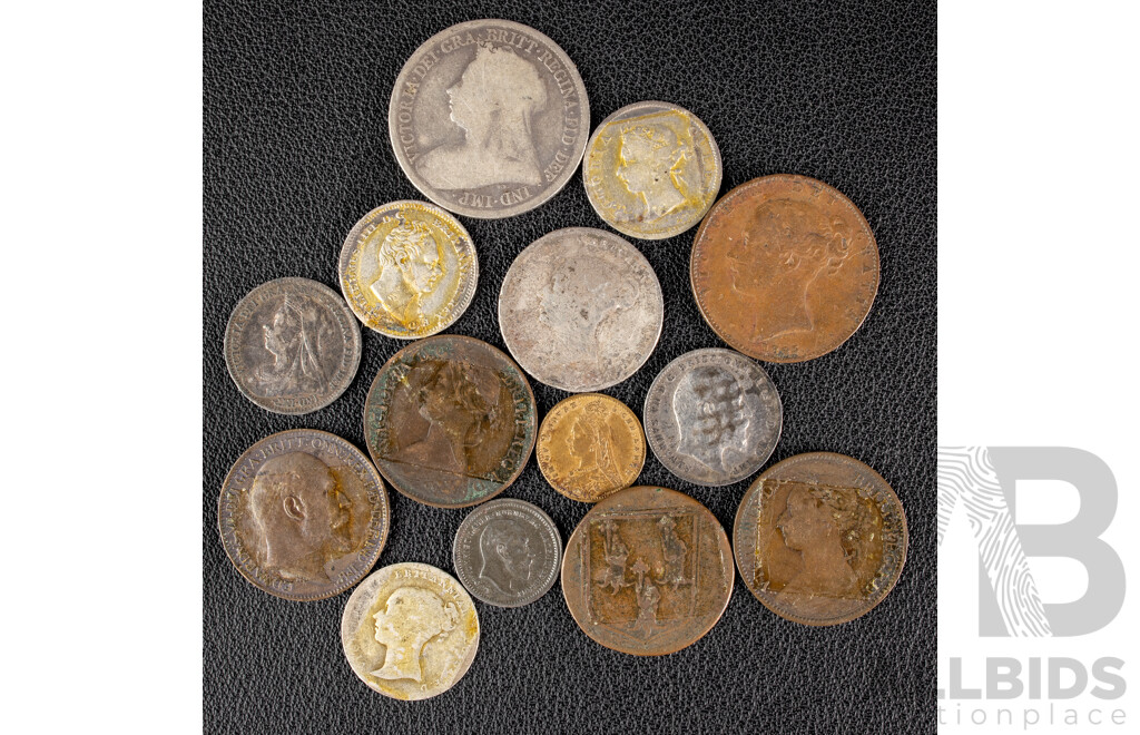 Great Britain 1669 Kings-Lyn Farthing, 1860, 1887, 1903 Farthings, 1840, 1893 Silver Threepence, West Indies 1901 Silver Fourpence, 1899 Silver Shilling, 1838 Silver Sixpence, Two Lauer Nuremberg Toy Coins......
