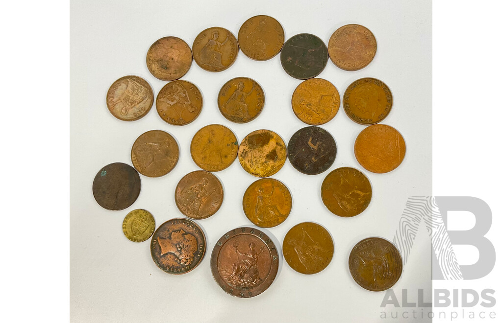 Collection of Antique and Vintage Great Britain Coins Including 1797 Double Penny, Pennies Spanning 1851 to 1967, 1788 Spade Guinea Gaming Token