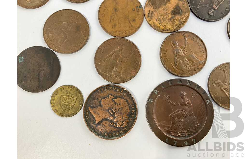 Collection of Antique and Vintage Great Britain Coins Including 1797 Double Penny, Pennies Spanning 1851 to 1967, 1788 Spade Guinea Gaming Token