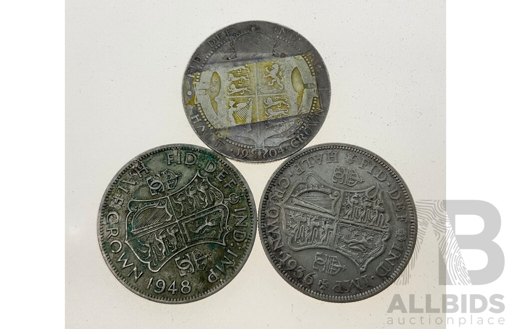 Three Great Britain Half Crown Coins Including Silver KEVII 1904, KGV 1936, KGVI 1948