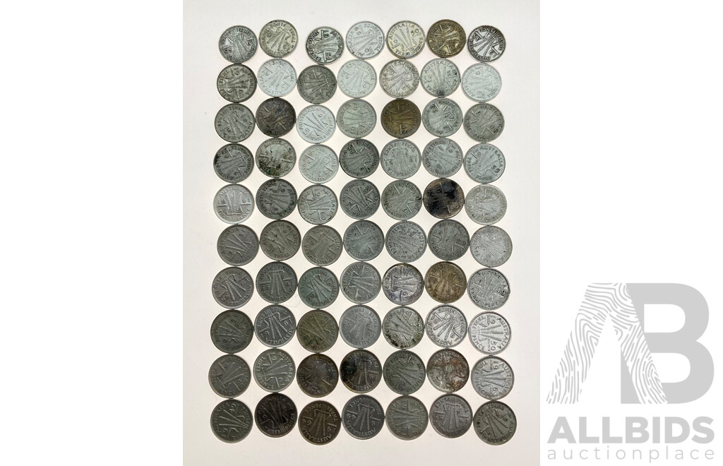 Seventy Australian Silver Threepence Coins, Examples Spanning 1938 to 1964