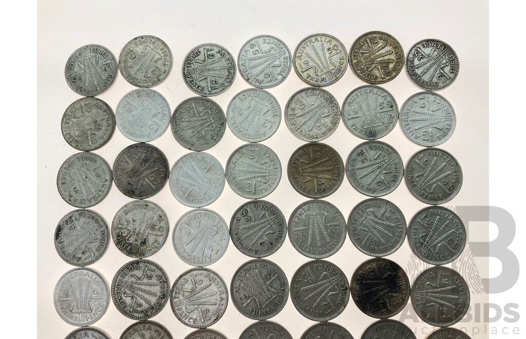Seventy Australian Silver Threepence Coins, Examples Spanning 1938 to 1964