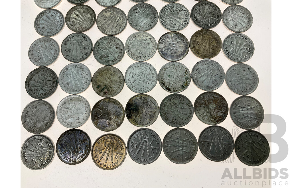 Seventy Australian Silver Threepence Coins, Examples Spanning 1938 to 1964