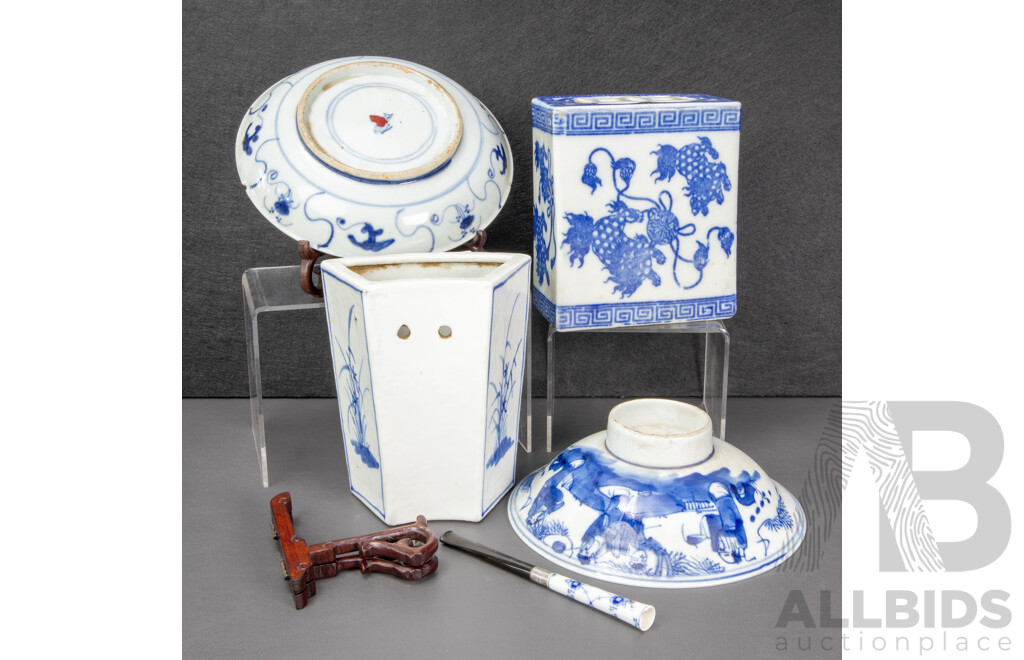 Antique Chinese Blue and White Porcelain Opium Pillow, Brush Pot and Bowls, Cigarette Holder with Sterling Silver Band