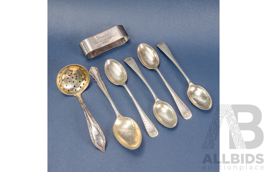 Collection of Silver Spoons Including Four W S Savage & Co, Sheffield, 1927, One Hardy Brothers, Sheffield , 1961, Tea Strainer William Hutton & Sons Ltd, Sheffield, 1911, Napkin Ring