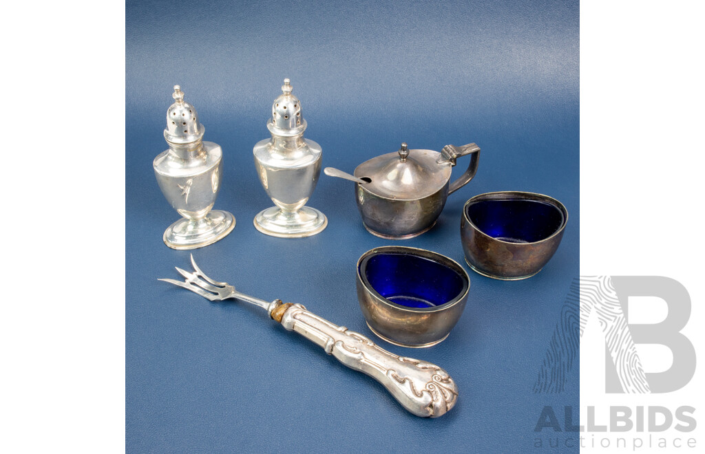 Vintage Silver Plate Hardy Brothers Condiment Set with Silver Spoon, Arthur Price & Co Ltd, Birmingham, 1931 and Silver Handle Fork