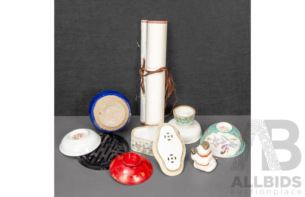 Collection of Vintage Chinese Porcelain Including Famille Bowl and Saucer, Cricket Cage, Stem Cup, Vase and Scroll