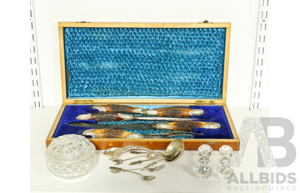 Vintage Gray & Dickson Faux Antler Handled Carving Set, Two Crystal Knife Rests and Trinket Bowl, Asian Silver Plate Spoons and Fork