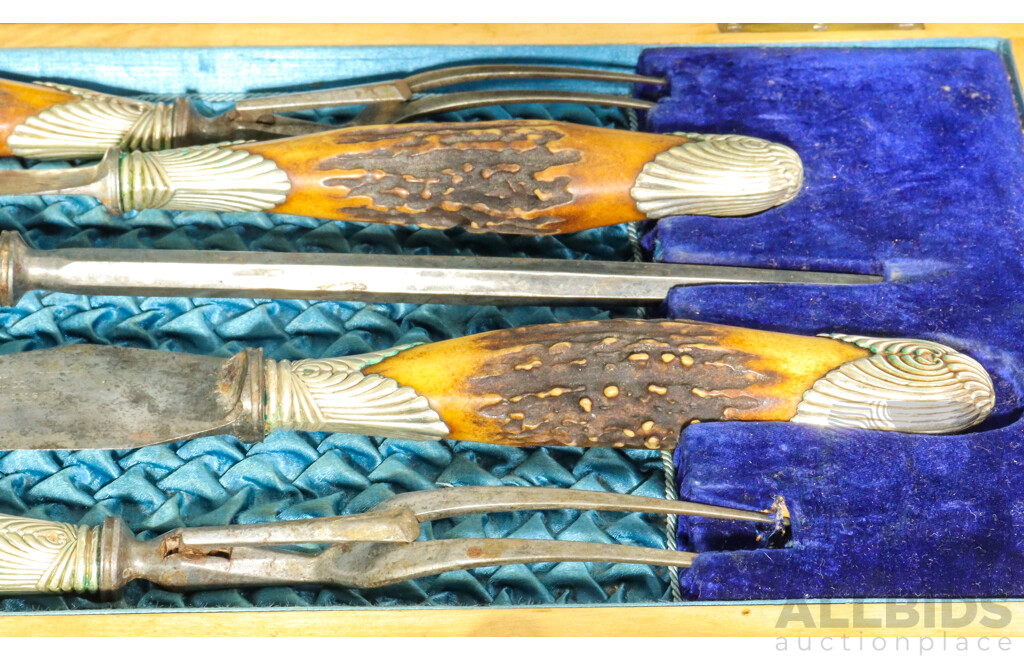 Vintage Gray & Dickson Faux Antler Handled Carving Set, Two Crystal Knife Rests and Trinket Bowl, Asian Silver Plate Spoons and Fork