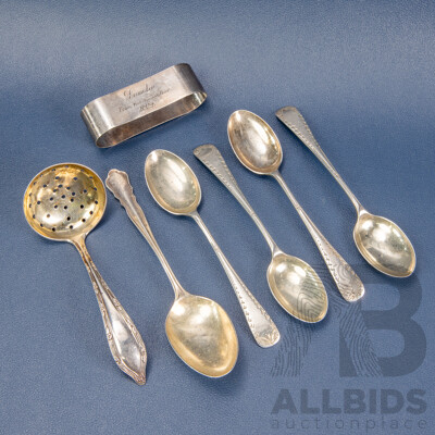Collection of Silver Spoons Including Four W S Savage & Co, Sheffield, 1927, One Hardy Brothers, Sheffield , 1961, Tea Strainer William Hutton & Sons Ltd, Sheffield, 1911, Napkin Ring