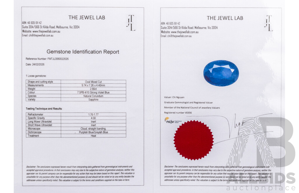 2.66ct Oval Cut Violet Blue Sapphire with Gem Report
