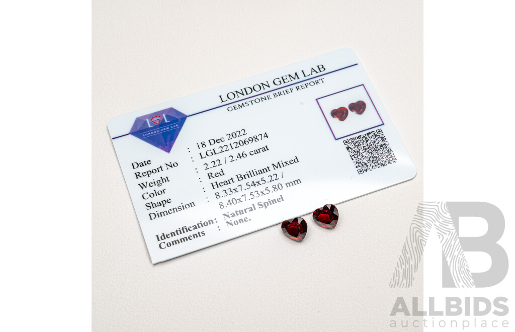 Burmese Red Spinel, (2) Natural Corundum Valentine Heart Cut Gemstones, 2.22ct & 2.46ct, Certified LGL2212069874