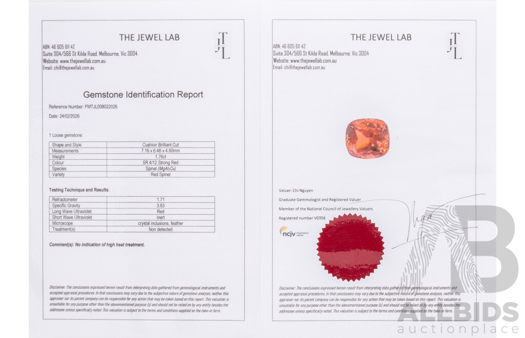 1.76ct Elongated Cushion Cut Red Spinel with Gem Report