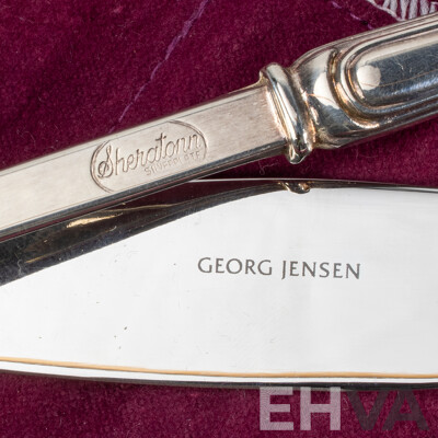 George Jensen Sterling Silver Thirty Seven Piece Cutlery Set with Sheraton Silver Plate Ladle