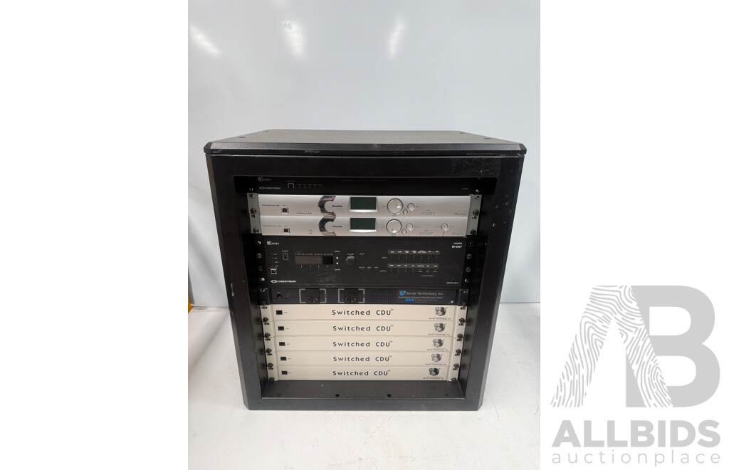 Rack Cabinet Containing Digital Media System - CP3N (3 Series Control System) + Converge Pro 880 + Converge Pro VH20 + Crestron DMPS3-300-C + 5x Switched CDU