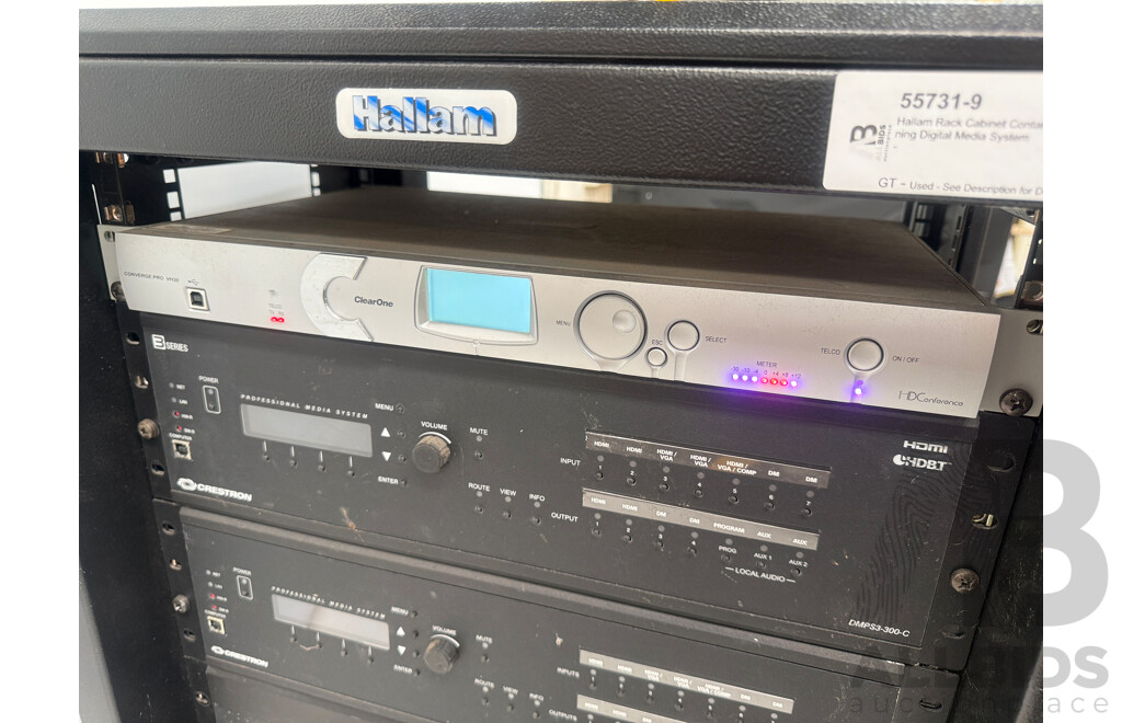Hallam Rack Cabinet Containing Digital Media System - HD Conference VH20 VoIP End-point Device + 2x Crestron DMPS3-300-C + DM-MD8X8