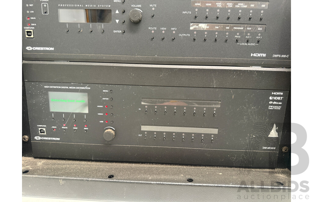 Hallam Rack Cabinet Containing Digital Media System - HD Conference VH20 VoIP End-point Device + 2x Crestron DMPS3-300-C + DM-MD8X8