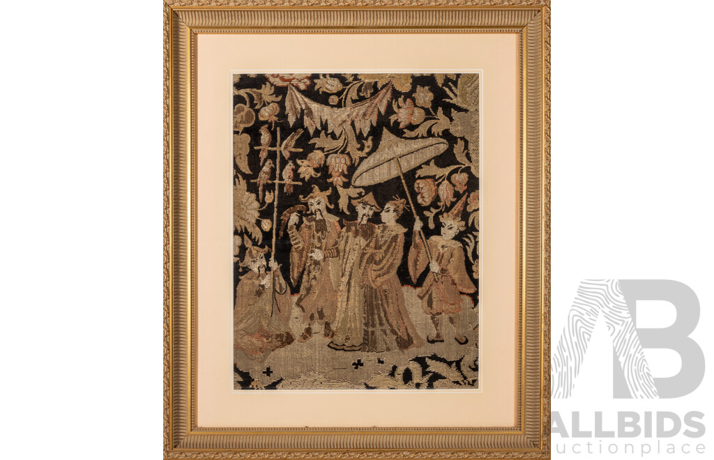 Artist Unknown, (Likely Late 18th/Early 19th Centuries, Possibly French), Courting with Exotic Birds Under Parasol, Wonderful Antique Chinoserie Style Tapestry Framed, 75 x 63 cm (frame)